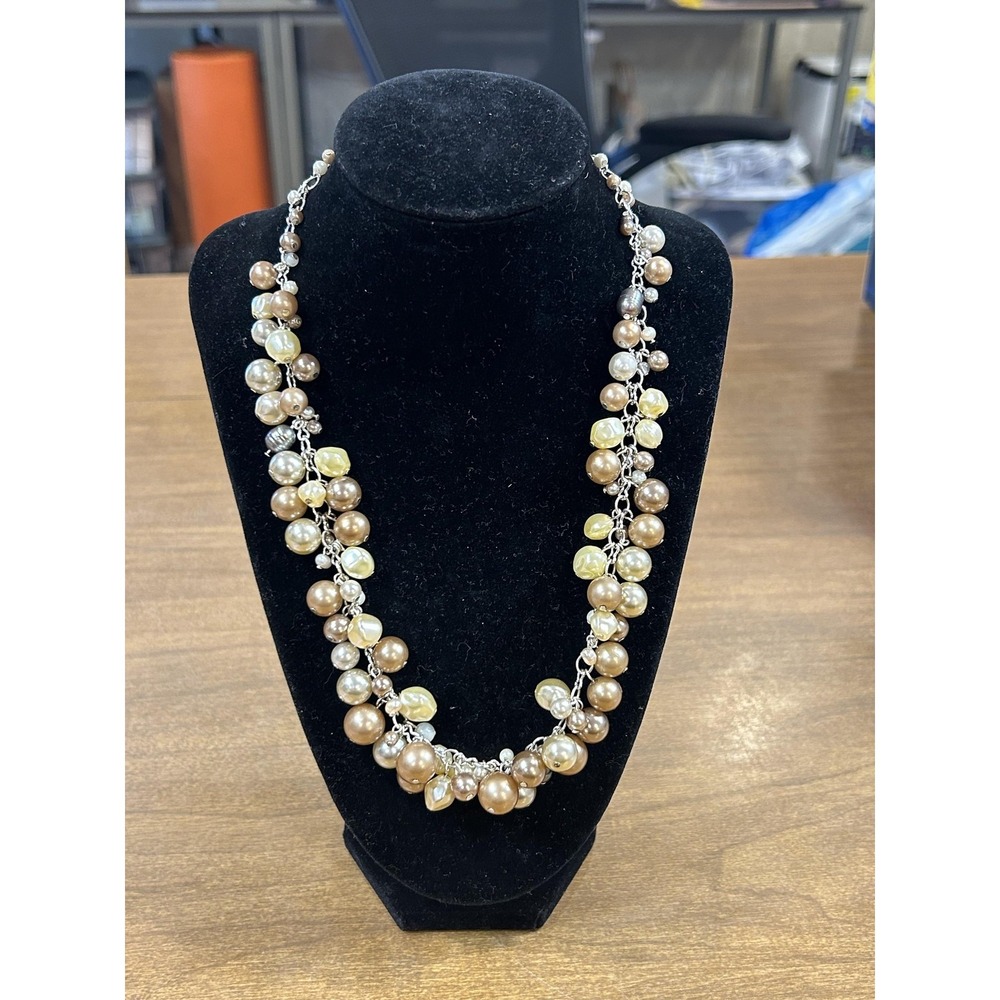 Necklace Beige‎ Champagne Pearl Beaded Womens Silver Tone Statement Jewelry